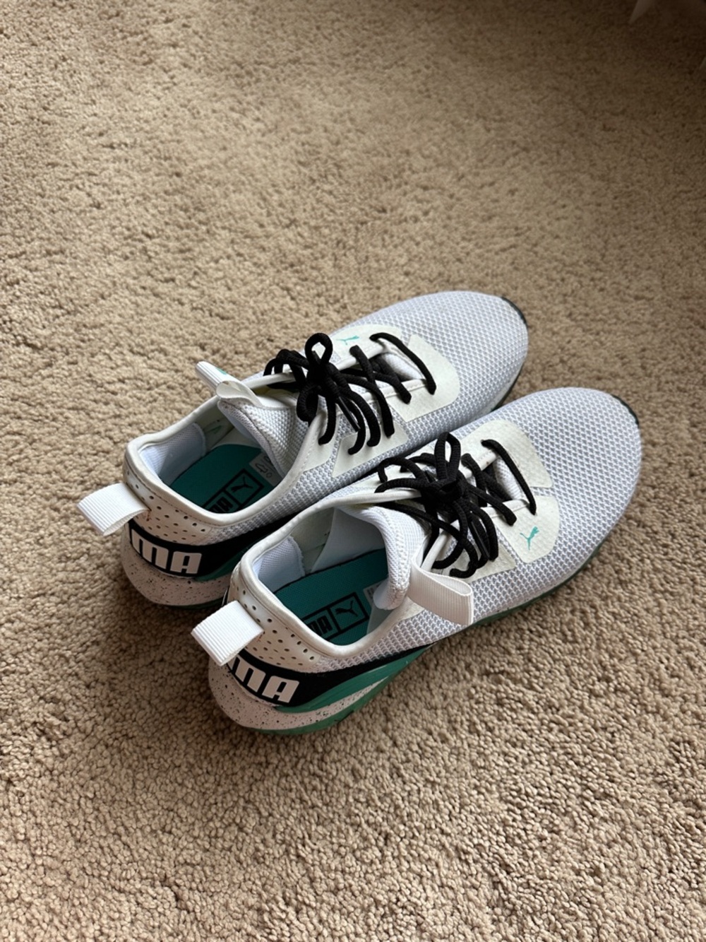 Puma White Sneakers with Teal and Black Accents